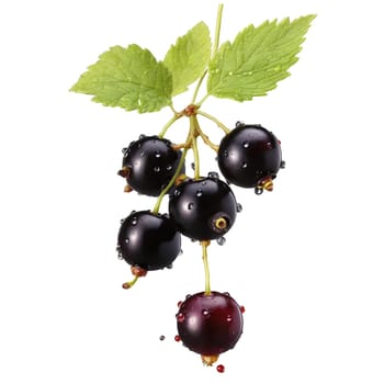 Vibrant black currants gleaming leaves spinning juice droplets suspended Ribes nigrum Food and Culinary concept. Food isolated on transparent background.
