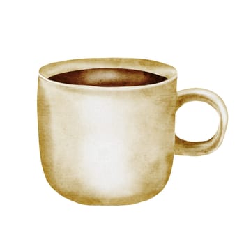 Mug. cup watercolor. Hand drawn beige cup with tea or coffee. Clip art isolated on white kitchenware background. Ideal for tea drink logo and coffee shop menu. High quality illustration