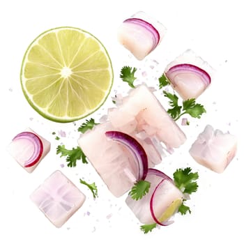 Ceviche white fish cubes splashed with lime juice red onion slivers flying isolated on transparent. Food isolated on transparent background.