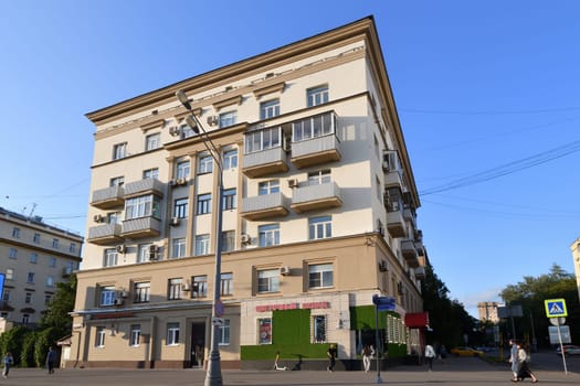 Moscow, Russia - Aug 3. 2024. Cityscape with Stalinist architecture buildings of USSR on Leningradsky Prospekt