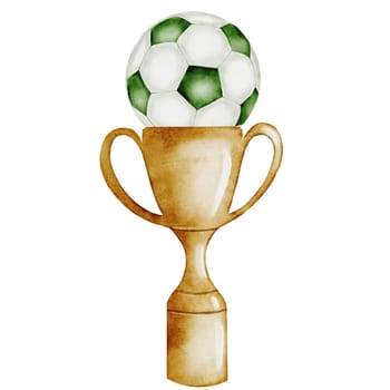 Football watercolor. Hand drawn composition of a trophy cup and a soccer ball. Clip art of championship equipment on isolated white background. Ideal for posters, flyers and game posters. High quality illustration