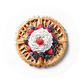 Waffle mandala a mandala of crispy waffles with whipped cream swirling and berries flying. Food isolated on transparent background.