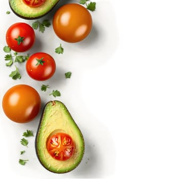 Grilled avocado salad elements above prepared bowl grilled avocado halves cherry tomatoes and fresh cilantro. Food isolated on transparent background.