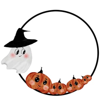Cute halloween watercolor. Hand drawn watercolor kawaii monster in a round pumpkin frame. Clip art of the face of a typical ghost isolated on a white background. Ideal for decorating invitations and cards for Halloween. High quality illustration