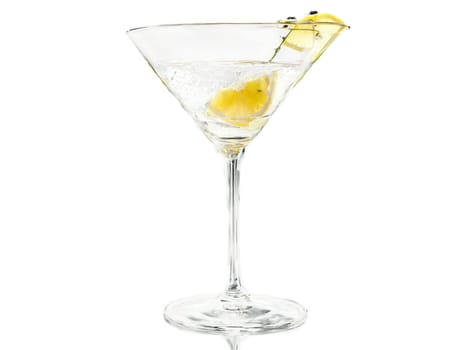 Vesper A chic martini glass with clear sparkling liquid lemon twist and ingredients like gin. Drink isolated on transparent background.