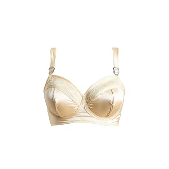 Vintage satin bullet bra with spiral stitching twirling retro style antique ivory hue classic pinup. Woman lingerie isolated on transparent background.
