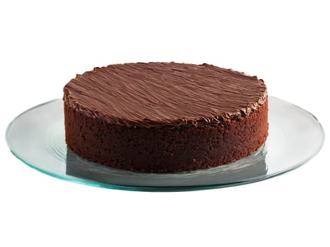 Cake flourless chocolate cake with a velvety texture served on a transparent glass stand rich. Food isolated on transparent background.