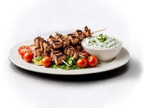 Souvlaki Skewers of tender marinated pork or chicken chunks chargrilled to perfection served with vibrant. Food isolated on transparent background.