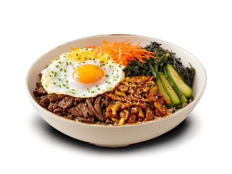 Bibimbap colorful Korean rice bowl topped with sautéed vegetables gochujang sauce fried egg. Food isolated on transparent background