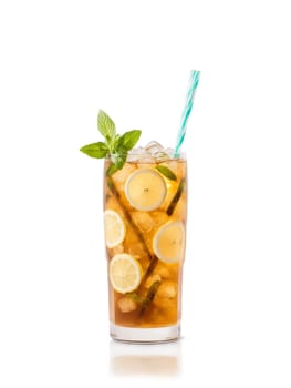 Long Island Iced Tea with slice of lemon and sprig of mint in tall glass. Drink isolated on transparent background.