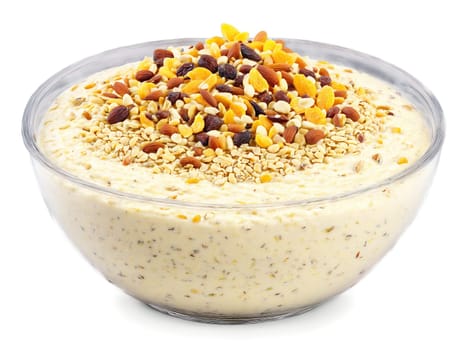 Kheer with Dry Fruits Creamy kheer garnished with an assortment of dry fruits served. Food isolated on transparent background.