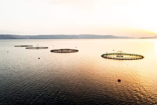 Croatian fish farm infrastructure in Adriatic Sea aerial view. Demonstration of innovative techniques used to ensure sustainable fish breeding