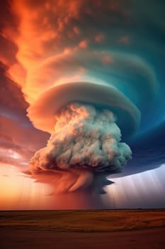A massive tornado spirals upward in a dramatic sunset sky.