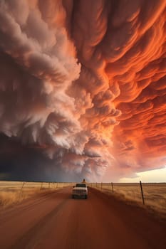 A massive tornado spirals upward in a dramatic sunset sky.