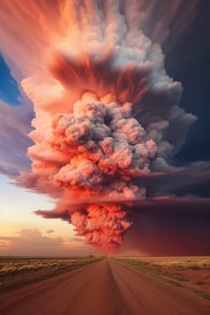 A massive tornado spirals upward in a dramatic sunset sky.