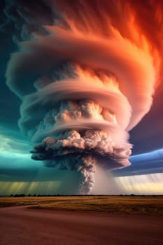 A massive tornado spirals upward in a dramatic sunset sky.