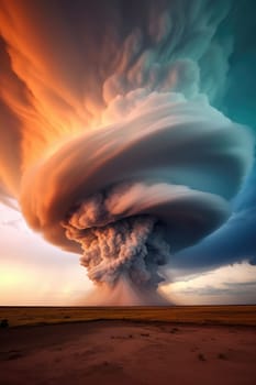 A massive tornado spirals upward in a dramatic sunset sky.