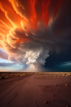 A massive tornado spirals upward in a dramatic sunset sky.