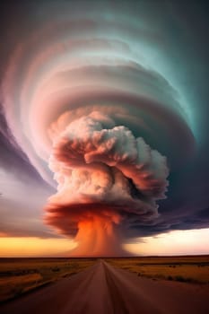 A massive tornado spirals upward in a dramatic sunset sky.