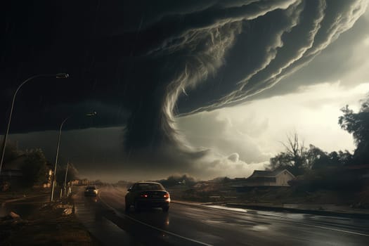 A massive tornado spirals upward in a dramatic sunset sky.