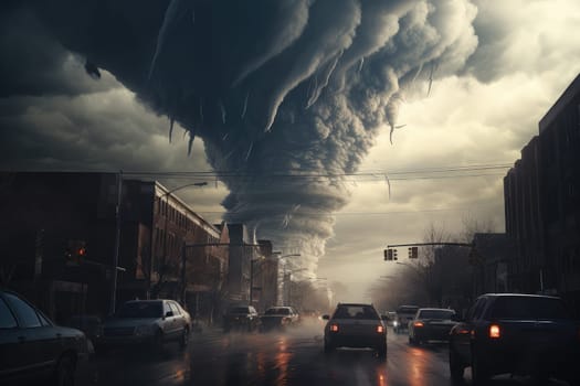 A massive tornado spirals upward in a dramatic sunset sky.