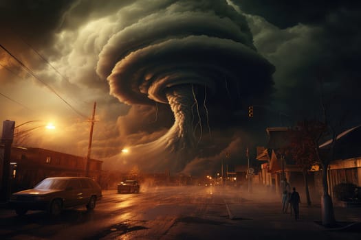 A massive tornado spirals upward in a dramatic sunset sky.