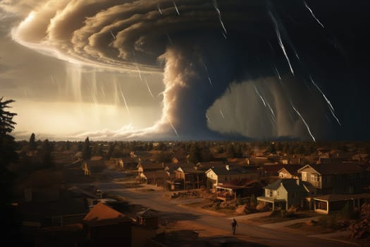 A massive tornado spirals upward in a dramatic sunset sky.