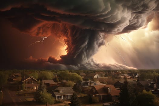 A massive tornado spirals upward in a dramatic sunset sky.