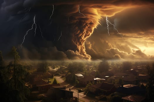 A massive tornado spirals upward in a dramatic sunset sky.