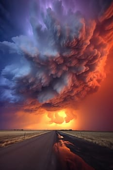 A massive tornado spirals upward in a dramatic sunset sky.