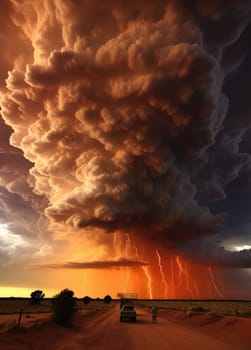 A massive tornado spirals upward in a dramatic sunset sky.