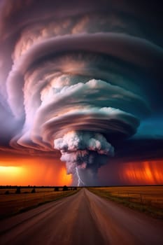 A massive tornado spirals upward in a dramatic sunset sky.