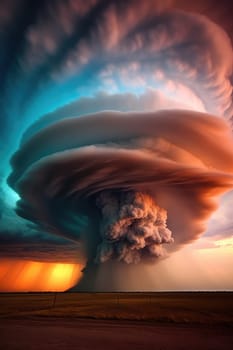 A massive tornado spirals upward in a dramatic sunset sky.