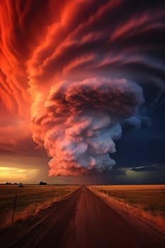 A massive tornado spirals upward in a dramatic sunset sky.