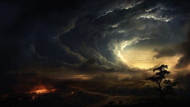 A massive tornado spirals upward in a dramatic sunset sky.