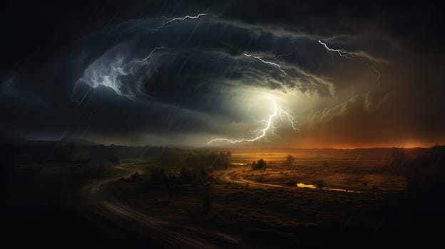 A massive tornado spirals upward in a dramatic sunset sky.