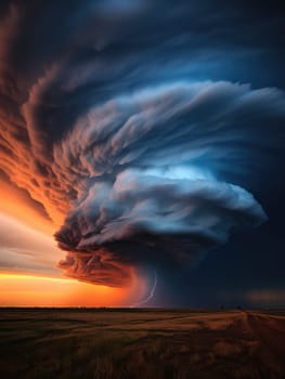 A massive tornado spirals upward in a dramatic sunset sky.