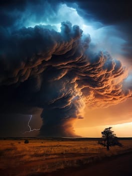 A massive tornado spirals upward in a dramatic sunset sky.