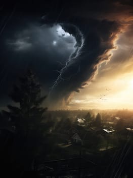 A massive tornado spirals upward in a dramatic sunset sky.