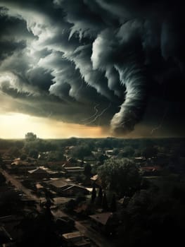 A massive tornado spirals upward in a dramatic sunset sky.
