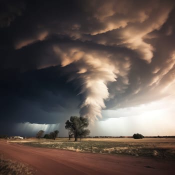 A massive tornado spirals upward in a dramatic sunset sky.