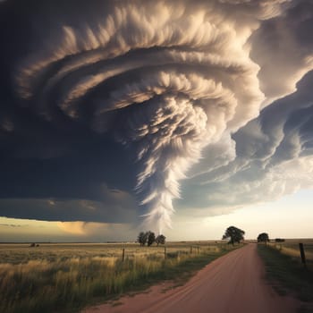 A massive tornado spirals upward in a dramatic sunset sky.