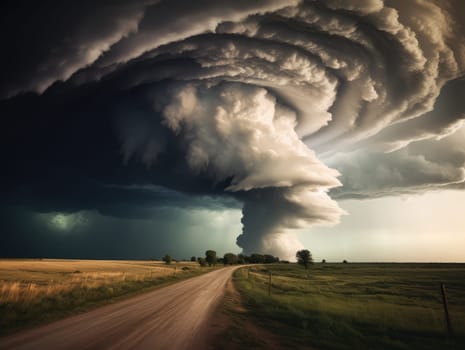 A massive tornado spirals upward in a dramatic sunset sky.