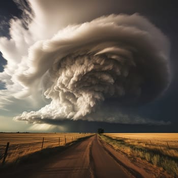 A massive tornado spirals upward in a dramatic sunset sky.