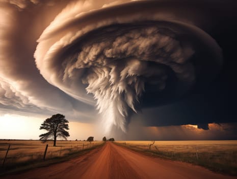 A massive tornado spirals upward in a dramatic sunset sky.