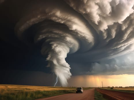 A massive tornado spirals upward in a dramatic sunset sky.