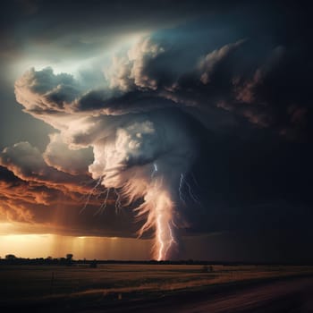 A massive tornado spirals upward in a dramatic sunset sky.