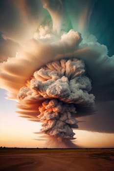 A massive tornado spirals upward in a dramatic sunset sky.
