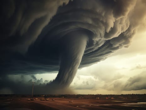 A massive tornado spirals upward in a dramatic sunset sky.