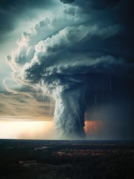 A massive tornado spirals upward in a dramatic sunset sky.